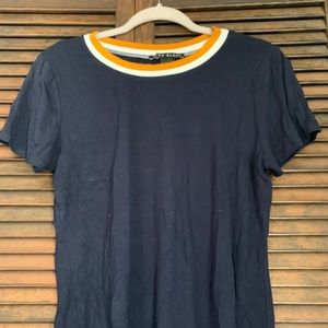 Blue shirt with a white and yellow lining